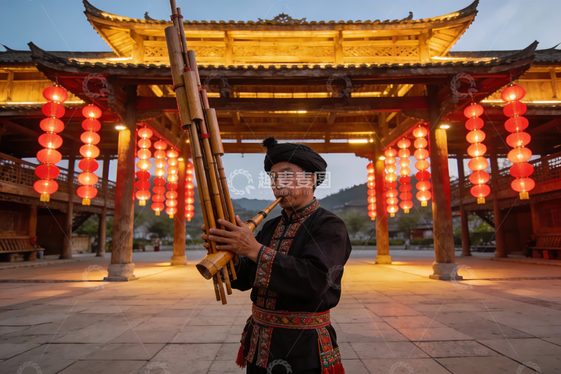 高清大图下载【趣麦麦图】身着民族服饰的男子吹奏竹管乐器