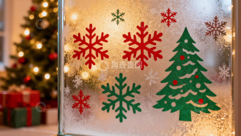 高清大图下载【趣麦麦图】圣诞装饰玻璃窗与背景树