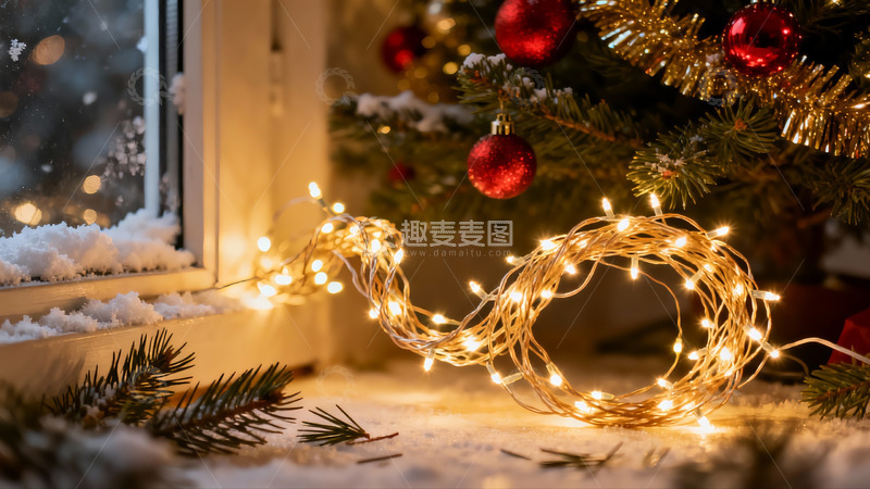 高清大图下载【趣麦麦图】圣诞树窗边灯光雪景