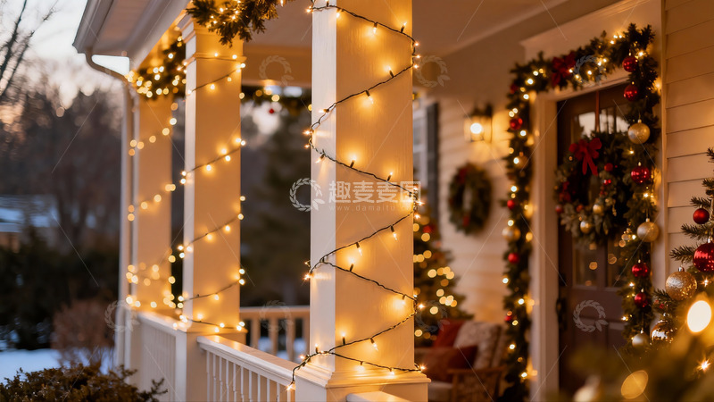 高清大图下载【趣麦麦图】圣诞装饰的温馨门廊夜景