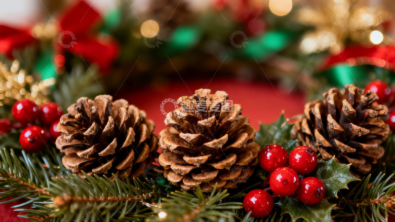 高清大图下载【趣麦麦图】圣诞装饰松果浆果绿叶