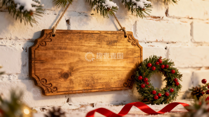 高清大图下载【趣麦麦图】圣诞装饰木牌与松枝