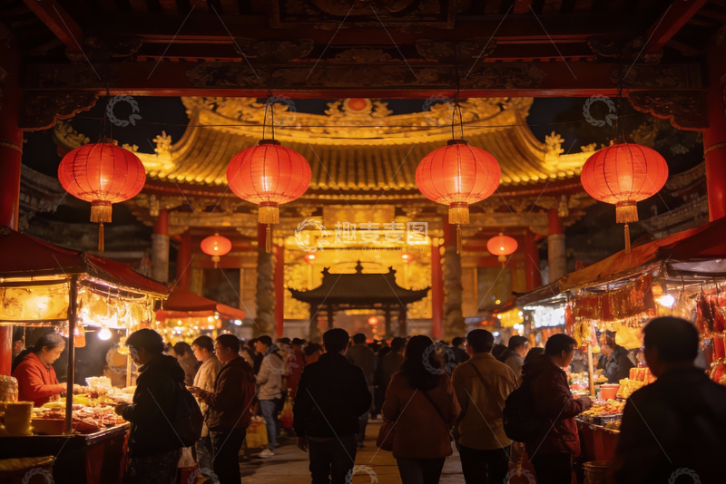 高清大图下载【趣麦麦图】夜市灯火辉煌人群熙攘