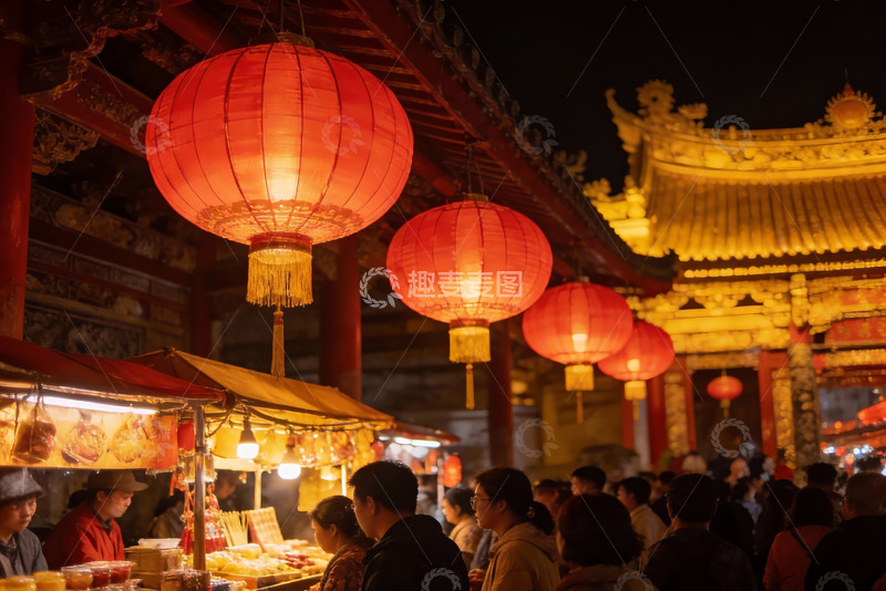 高清大图下载【趣麦麦图】夜市灯笼高挂人群熙攘