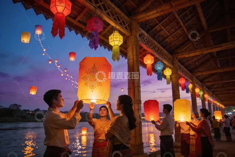 高清大图下载【趣麦麦图】夜幕下人们放飞彩色孔明灯