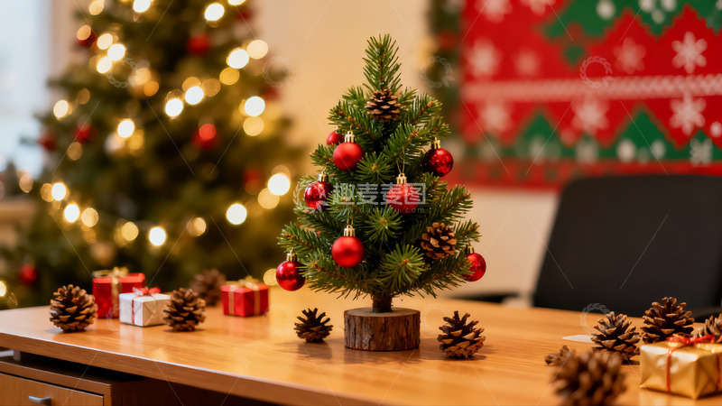 高清大图下载【趣麦麦图】圣诞树与松果桌面装饰