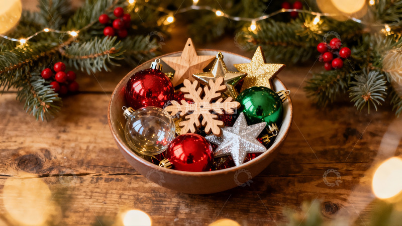高清大图下载【趣麦麦图】圣诞装饰球与松枝摆拍
