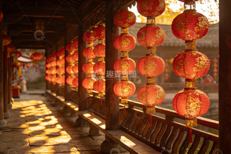 高清大图下载【趣麦麦图】古建筑长廊挂满红灯笼