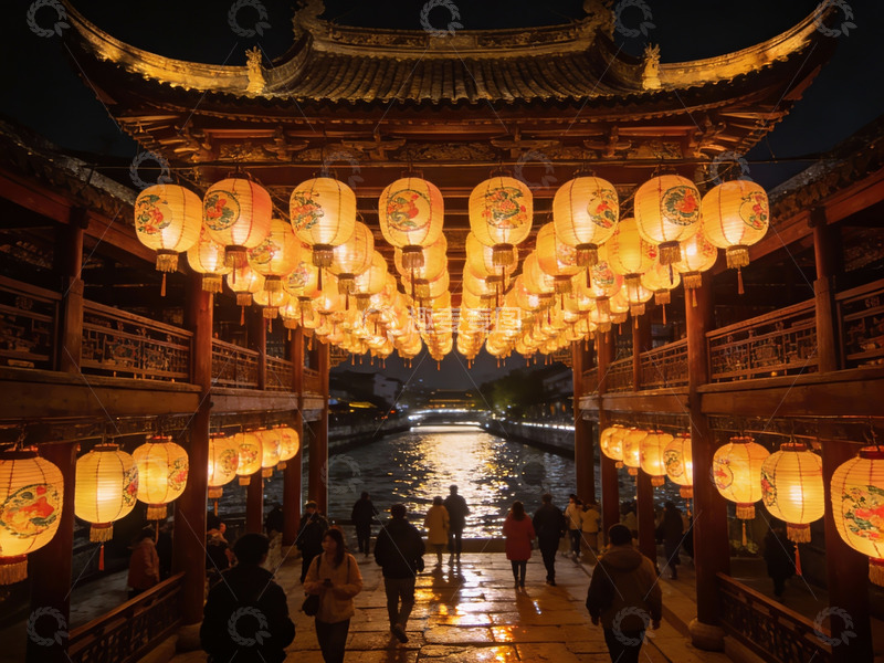 高清大图下载【趣麦麦图】夜游古廊挂灯笼