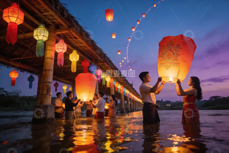 高清大图下载【趣麦麦图】夜色河畔放飞孔明灯