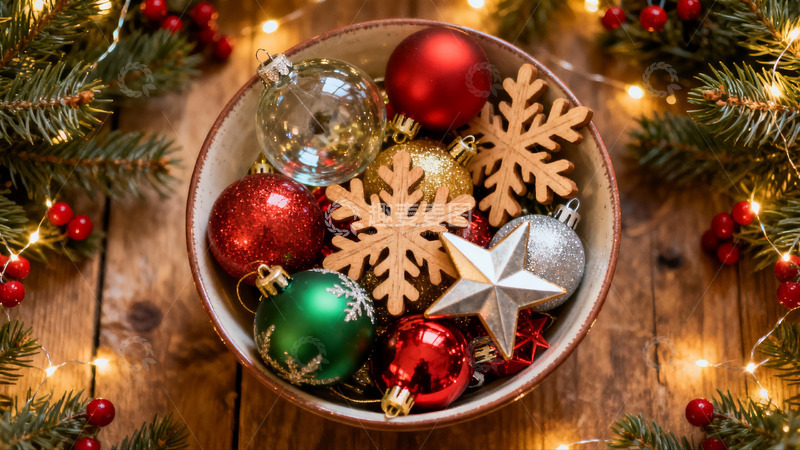 高清大图下载【趣麦麦图】圣诞装饰球与松枝摆拍