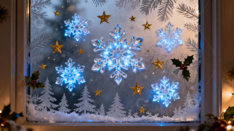 高清大图下载【趣麦麦图】圣诞窗贴装饰闪烁雪花与星星