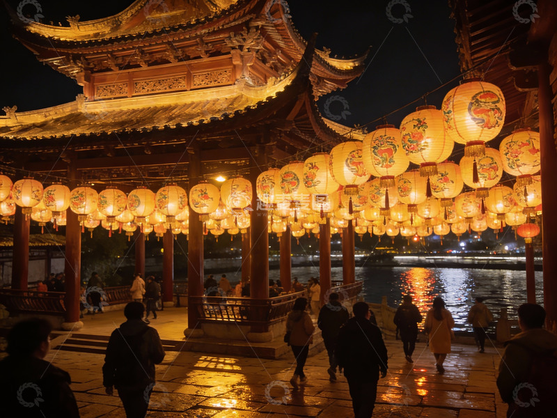 高清大图下载【趣麦麦图】夜游古建筑廊桥挂满灯笼