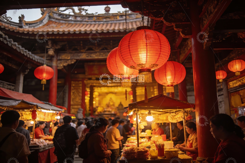 高清大图下载【趣麦麦图】古建筑夜市灯火辉煌人群熙攘