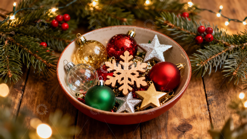 高清大图下载【趣麦麦图】圣诞装饰球与松枝摆拍