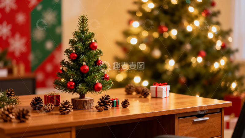 高清大图下载【趣麦麦图】圣诞树与礼物盒桌面装饰