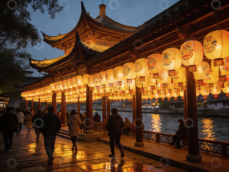 高清大图下载【趣麦麦图】古建筑长廊夜景游人如织