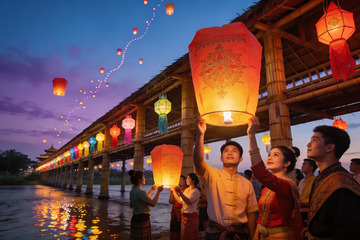 夜色桥上放飞孔明灯