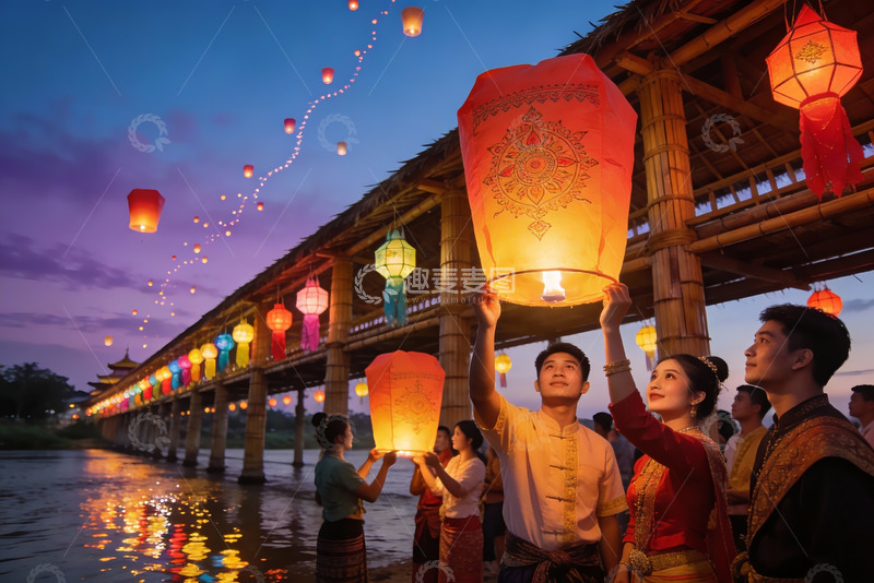 高清大图下载【趣麦麦图】夜色桥上放飞孔明灯