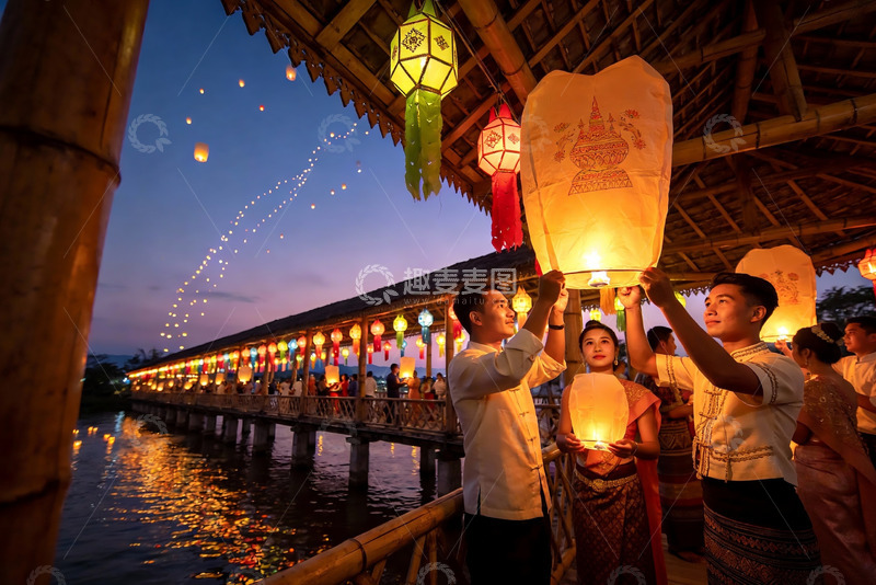 高清大图下载【趣麦麦图】夜色桥上放飞孔明灯