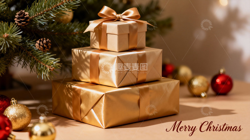 高清大图下载【趣麦麦图】圣诞树旁的金色礼盒