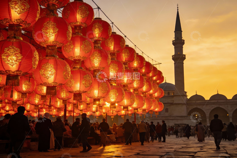 高清大图下载【趣麦麦图】灯笼长廊夜景人群熙攘
