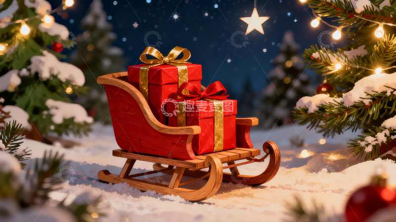 高清大图下载【趣麦麦图】雪夜圣诞礼物与雪橇