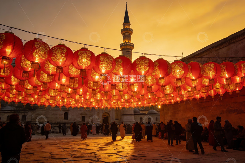 高清大图下载【趣麦麦图】灯笼装饰的广场夜景