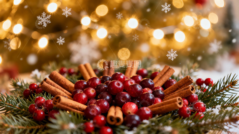 高清大图下载【趣麦麦图】圣诞装饰中的浆果与肉桂