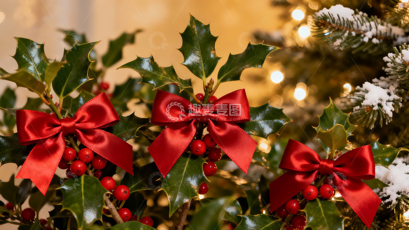 高清大图下载【趣麦麦图】圣诞绿叶红果配红丝带
