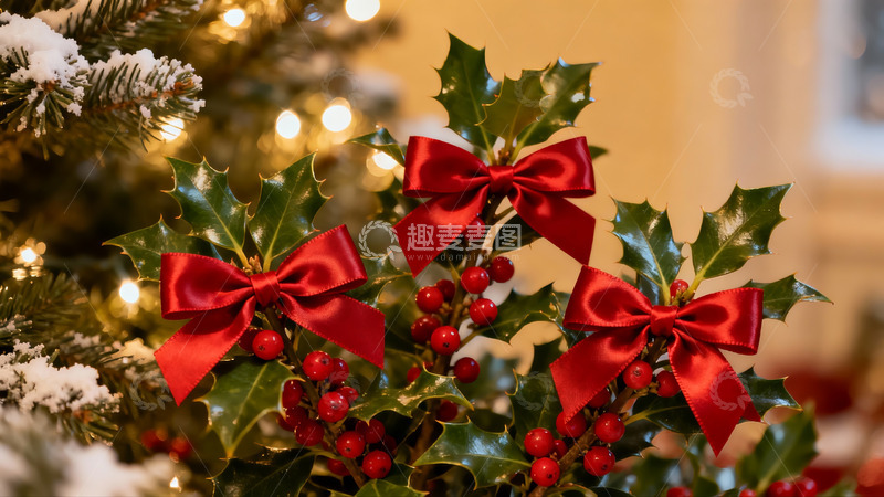 高清大图下载【趣麦麦图】圣诞绿叶红果与红色蝴蝶结