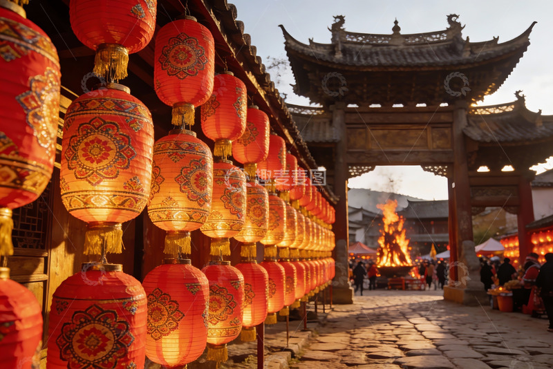 高清大图下载【趣麦麦图】古街红灯笼映衬传统建筑