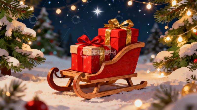 高清大图下载【趣麦麦图】雪夜圣诞雪橇礼物