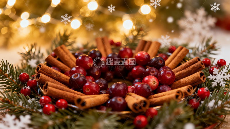 高清大图下载【趣麦麦图】圣诞装饰中的浆果与肉桂