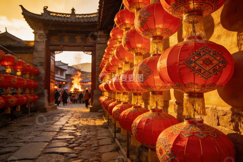 高清大图下载【趣麦麦图】-古街红灯笼映衬传统建筑