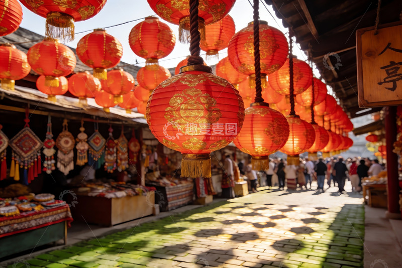 高清大图下载【趣麦麦图】红灯笼挂满古街集市热闹非凡