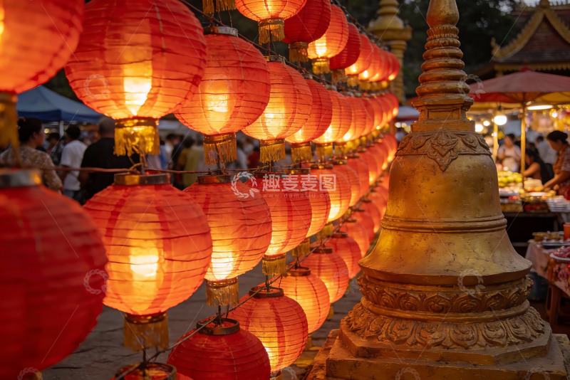 高清大图下载【趣麦麦图】夜市灯笼与佛塔光影