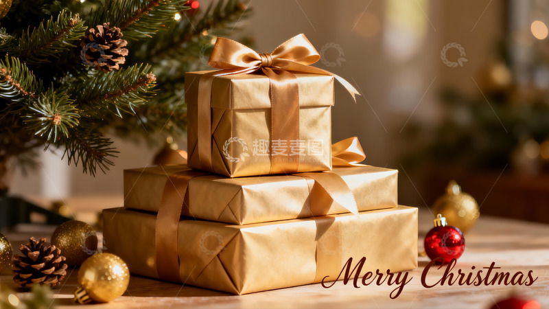 高清大图下载【趣麦麦图】圣诞树旁的金色礼物盒