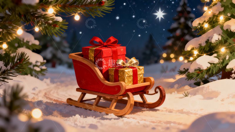 高清大图下载【趣麦麦图】雪夜圣诞雪橇礼物