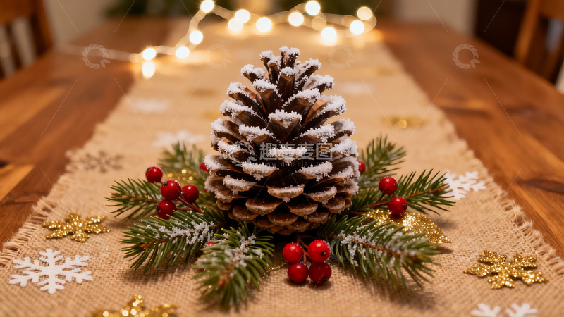 高清大图下载【趣麦麦图】圣诞松果装饰餐桌布置