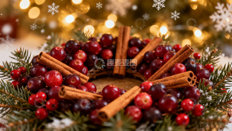 高清大图下载【趣麦麦图】圣诞花环点缀浆果与肉桂
