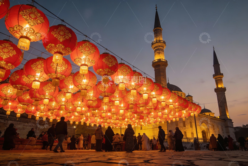 高清大图下载【趣麦麦图】夜幕下灯笼与清真寺