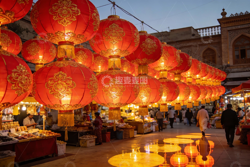 高清大图下载【趣麦麦图】夜市红灯笼高挂人群熙攘