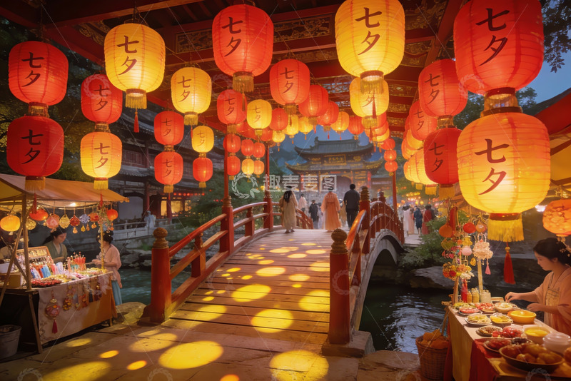 高清大图下载【趣麦麦图】古桥夜市灯笼高挂游人如织