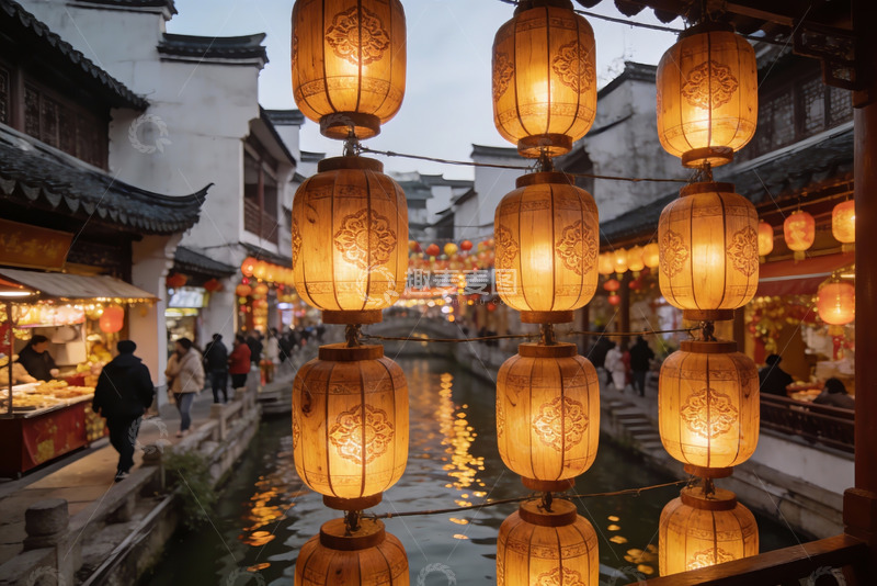 高清大图下载【趣麦麦图】古街水巷灯笼高挂游人漫步