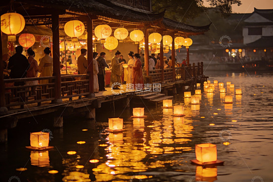 古风夜市河畔灯笼游人