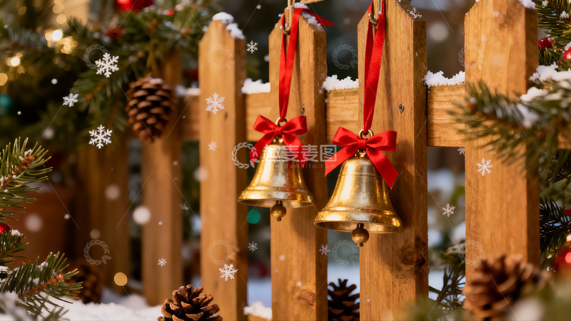 高清大图下载【趣麦麦图】圣诞铃铛挂木栅雪景