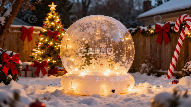 高清大图下载【趣麦麦图】雪地圣诞球与装饰树夜景