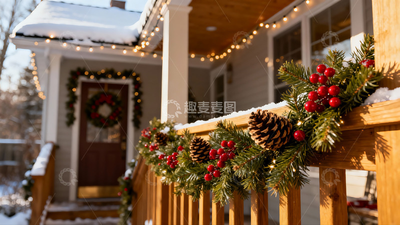 高清大图下载【趣麦麦图】雪后圣诞装饰的温馨门廊
