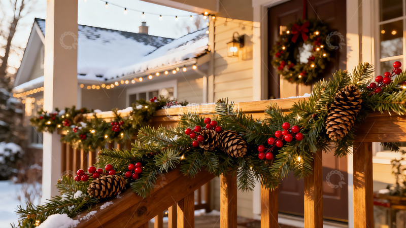 高清大图下载【趣麦麦图】冬日圣诞装饰的温馨门廊